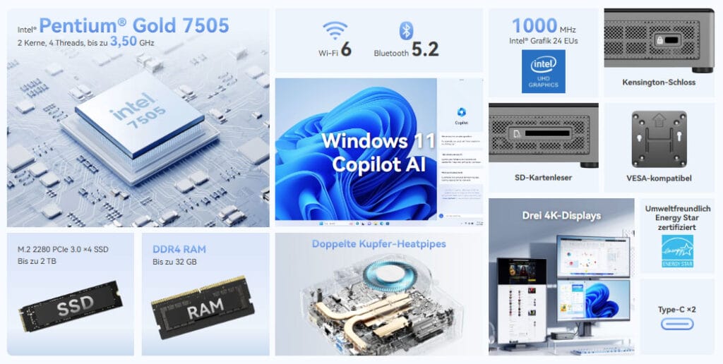 Die wichtigsten Features und Ausstattungsmerkmale des Geekom Air12 2026 Mini-PC auf einen Blick. 