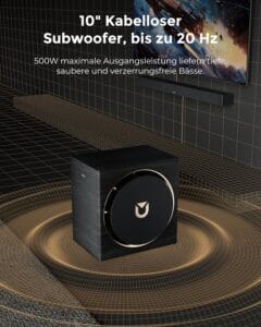 Eines der wortwörtlich größten Vorteile der Ultimea Skywave X70 ist der großproportionierte 10-Zoll-Subwoofer mit bis zu 500 Watt Klangleistung, der bis auf 20 Hz runterkommt.