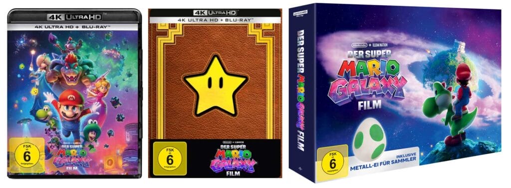 Der Super Mario Galaxy Film auf 4K Blu-ray von links nach rechts: Standard, Steelbook & Collectors Edition