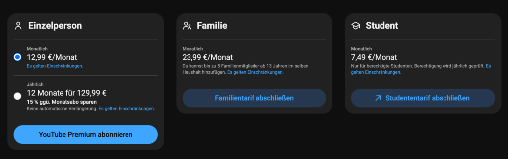 Da sind die deutschen Preise für YouTube Premium.