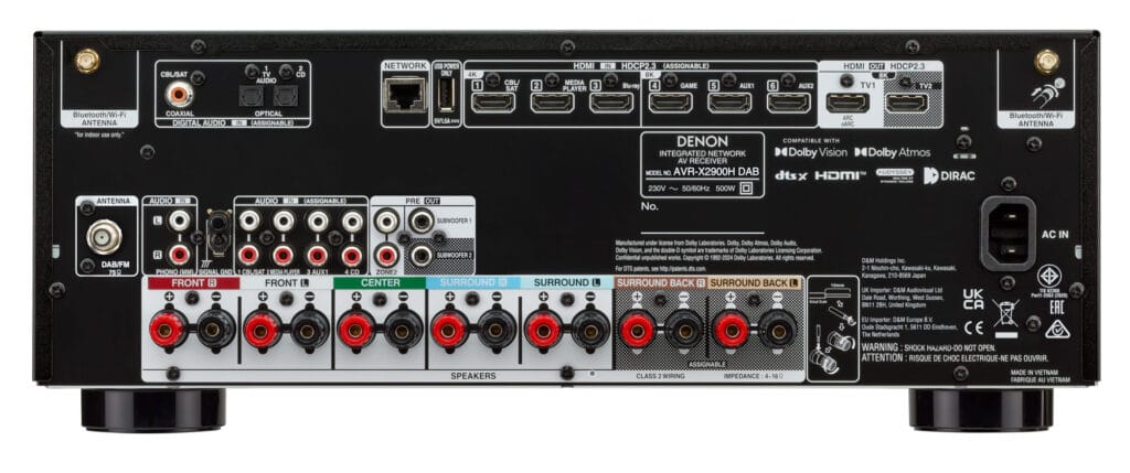 Das Anschluss-Terminal des Denon AVR-X2900H DAB mit sechs HDMI 2.1-Eingängen sowie zwei Ausgängen. 