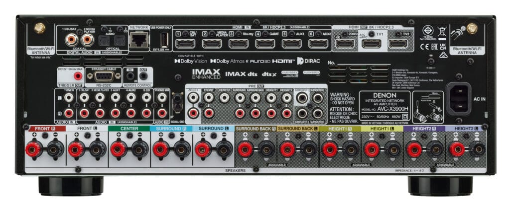 Das Anschluss-Terminal des Denon AVC-X3900H mit sechs HDMI 2.1-Eingängen sowie drei Ausgängen. 
