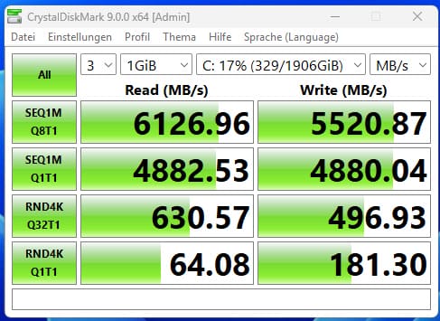 Der Festplatten-Benchmark der 2TB SSD von Kingston liefert Bestwerte (verbaut im Geekom A9 Max)