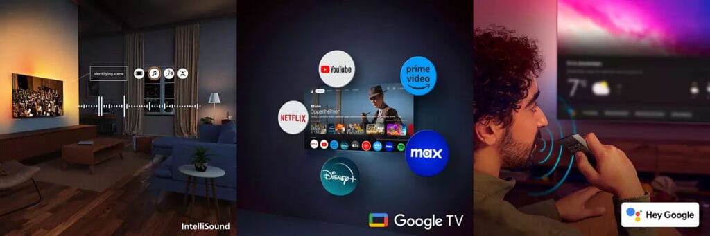 Das Google TV Betriebssystem bringt seine eigenen Vorteile mit sich, wie eine extrem breite Auswahl an Apps, den Google Assistant Sprachassistent aber auch eigene Features wie Philips Intellisound lassen sich mit der Plattform umsetzen. 