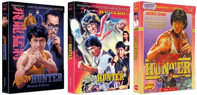 Die "Action Hunter" 4K Blu-ray Mediabok-Variationen. Mit dabei Kung-Fu-Star Jackie Chan