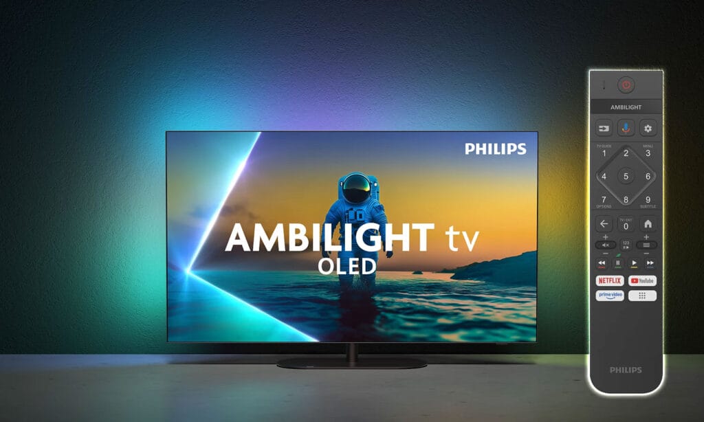 Der Philips 65OLED810 mit der smarten Fernbedienung mit Hintergrundbeleuchtung die sich kabellos oder via USB-C laden lässt. 