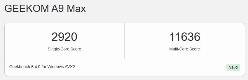 Das Testergebnis aus dem Geekbench-Benchmark (Geekom A9 Max 2026-Edition)
