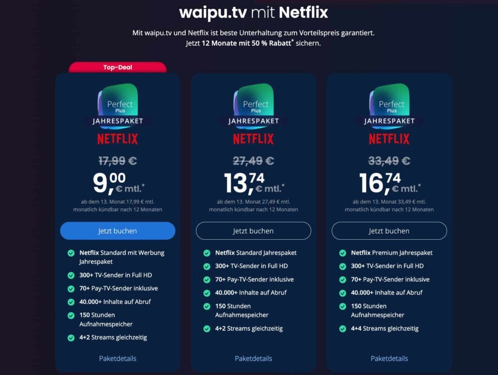 waipu.tv mit Netflix im Tandem gibt es ab 9 Euro im Monat.
