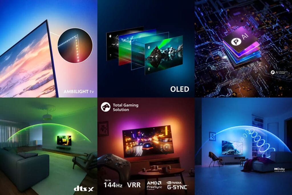 Die wichtigsten Features des Philips 65OLED810 auf einen Blick: 3-seitiges Ambilight, ein hochwertiges OLED-Panel, die P5 Pictures Engine, DTS:X, Dolby Atmos, Dolby Vision und eine perfekte Gaming-Ausstattung. 