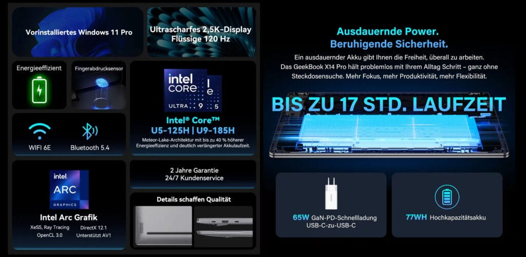 Die wichtigsten Features und Spezifikationen des Geekbook X16 Pro Ultrabook / Laptop auf einen Blick!