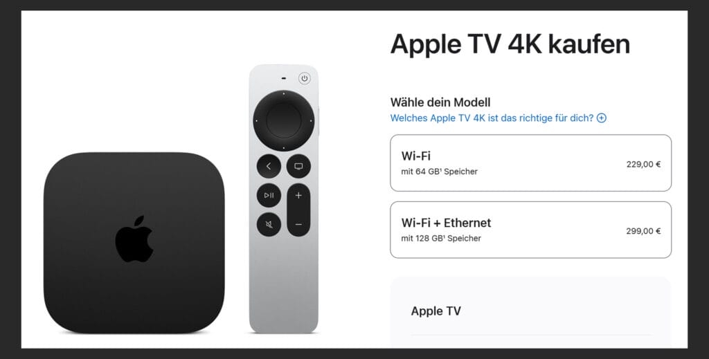 Nach der jüngsten Preiserhöhung für den Apple TV 4K kostet das Einstiegsmodell (64GB + WiFi) bereits deutlich mehr, als das damalige Top-Modell mit 128GB+WiFi+Ethernet. 