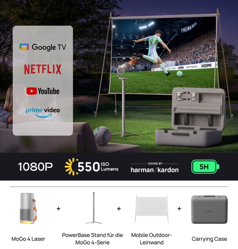 Das Xgimi MoGo 4 Laser XL-Bundle beinhaltet ein stabiles Case, den Powerbase-Stand, die vier Kreativfilter und eine 70 Zoll Outdoor-Leinwand. 