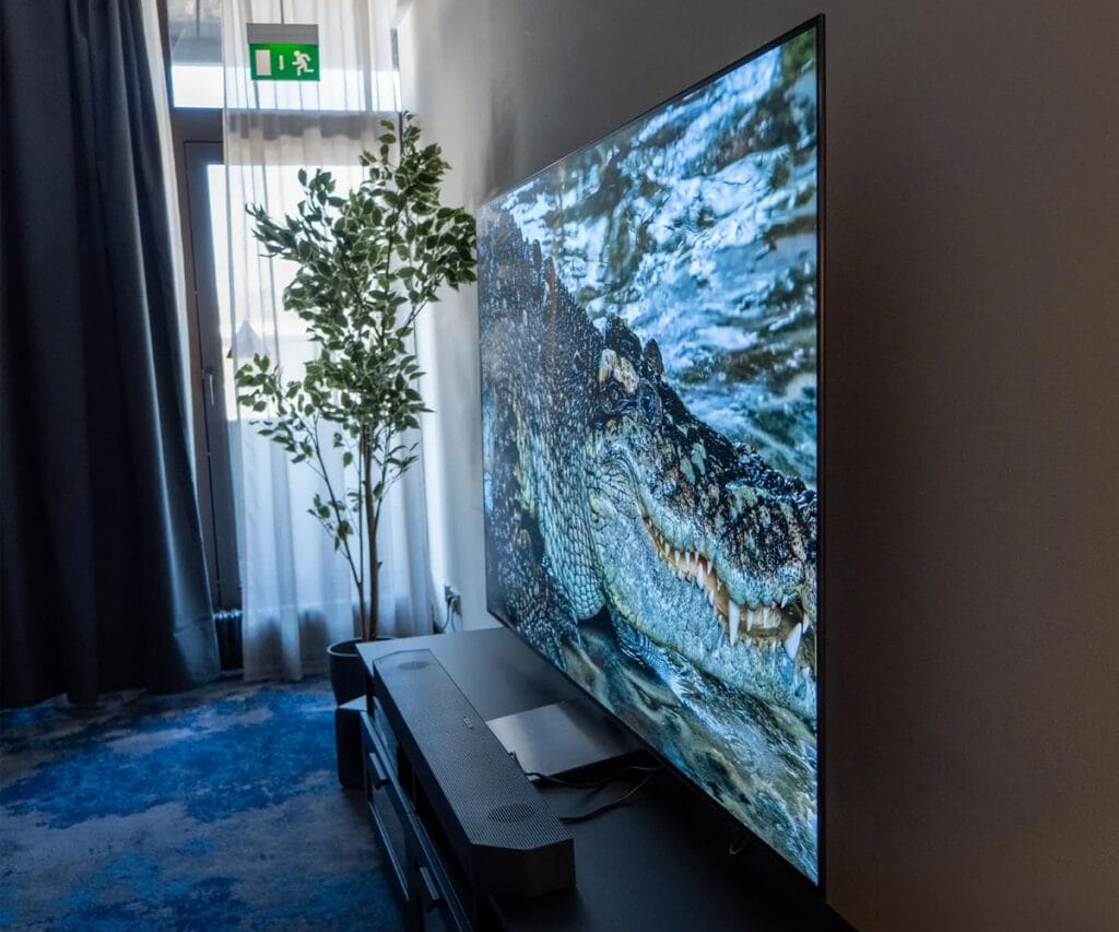Dieses Bild sagt mehr als tausend Worte. Die Glare-Free-Technologie (hier der S90H OLED TV) reduziert Spiegelungen und Reflexionen deutlich!