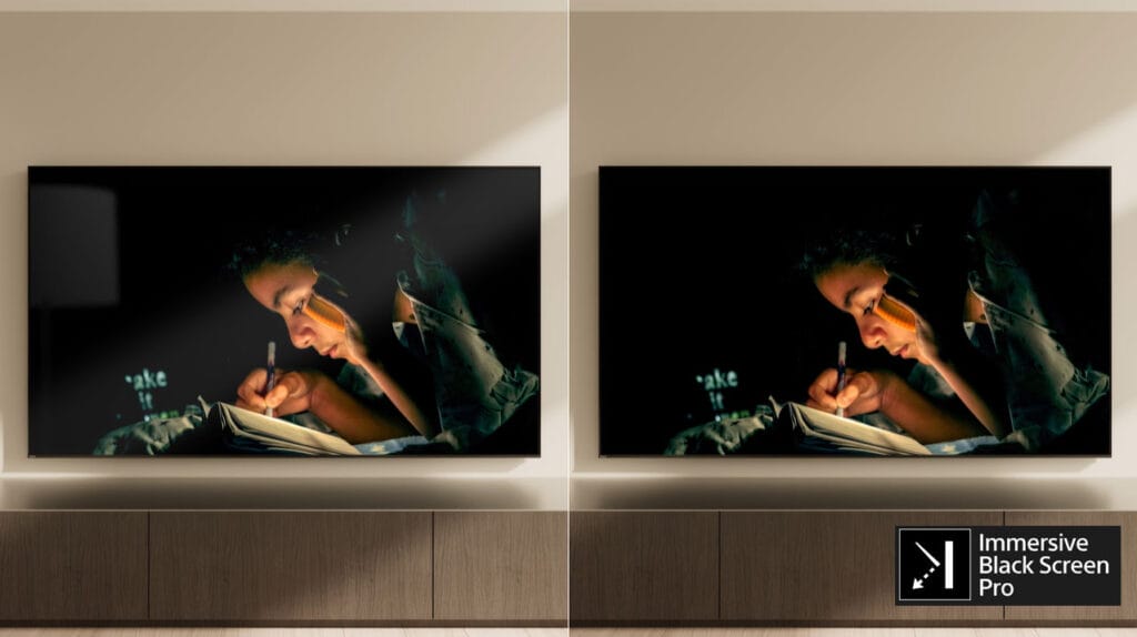 Der vielleicht wichtigste Vorteil des Sony Bravia 9 II gegenüber dem Bravia 7 II: Die Immersive Black Screen Pro-Bildschirmbehandlung (mattes Display).