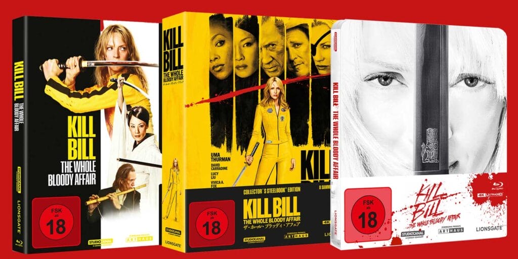 Diese Editionen zu "Kill Bill: The Whole Bloody Affair" gibt es: Standard Blu-ray (Links), 4K Collectors Edition (Mitte), 4K Steelbook (Rechts).