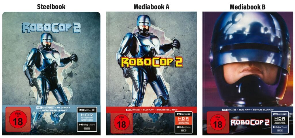 Robocop 2 erscheint auf 4K Ultra HD Blu-ray. Ihr dürft wählen zwischen einem Steelbook und zwei Mediabook-Varianten. 