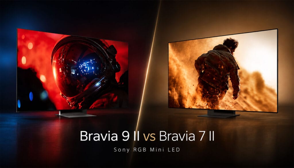 Sony Bravia 9 II mit Astronautenmotiv und Bravia 7 II mit Actionszene im direkten RGB-Mini-LED-Vergleich