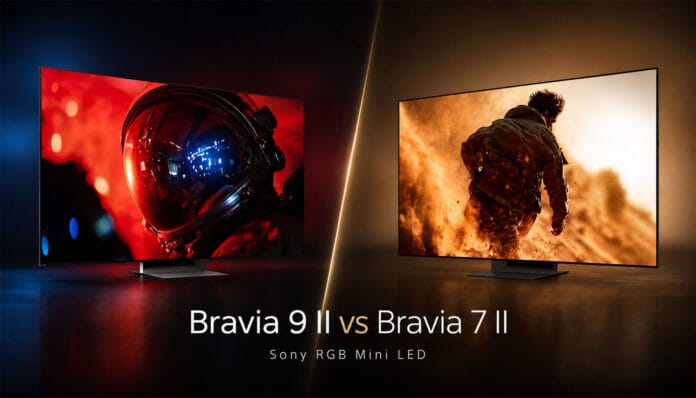 Sony Bravia 9 II mit Astronautenmotiv und Bravia 7 II mit Actionszene im direkten RGB-Mini-LED-Vergleich