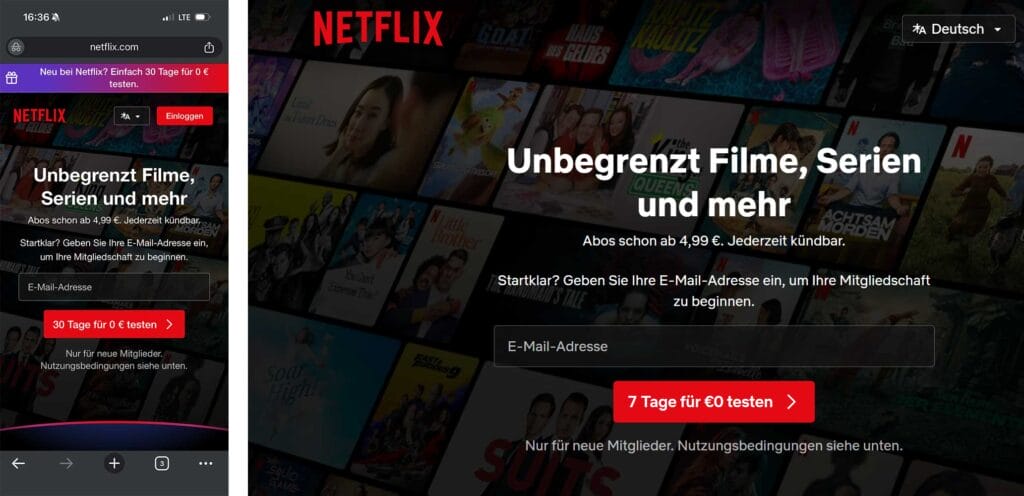 Je nach Gerät und Internetverbindung wurden uns Testzeiträume zwischen 7 und 30 Tage angezeigt. 