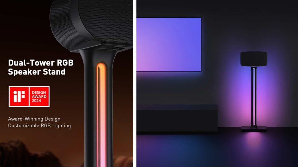 Die "Dual Tower RGB Standfüße" für Lautsprecher lassen sich optimal mit der TV-Wandhalterung mit Hintergrundbeleuchtung kombinieren.