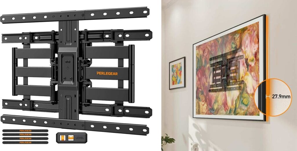 Obwohl die Ultra Slim Wandhalterung von Perlegear nur ca. 2,8 cm aufträgt, ist diese nicht in ihrem Funktionsumfang eingeschränkt (Ausfahren, Neigen, Drehen).
