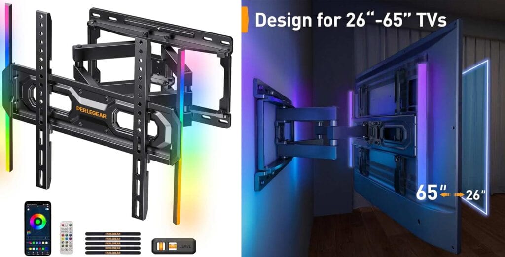 Die Perlegear Wandhalterung mit Hintergrundbeleuchtung, sorgt für Ambient-Licht hinter dem TV.