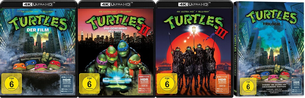 Die finalen Cover-Artworks der Turtles 4K Blu-rays inkl. dem limitierten neuen 4K Mediabook. 