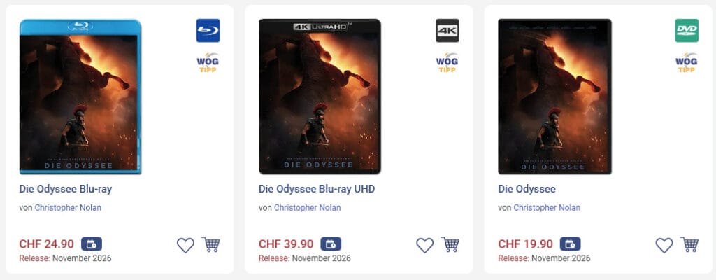 Der schweizer Onlinehändler "World Of Games" bietet bereits Vorbestellungen zu "Die Odyssey" auf DVD, Blu-ray und 4K Ultra HD an.