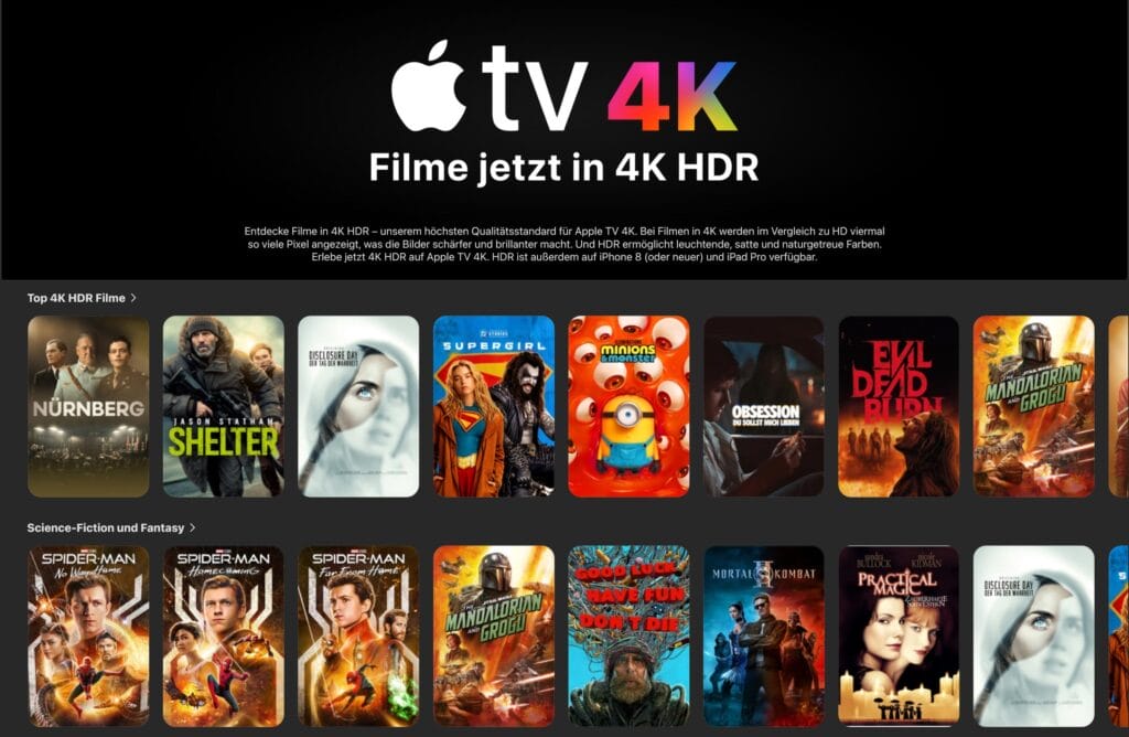 Über den Apple TV-Store könnt ihr auf eine extrem breite Auswahl an Filmen und Serien zugreifen. Diese stehen zum digitalen Kauf und meist auch zum Ausleihen bereit.