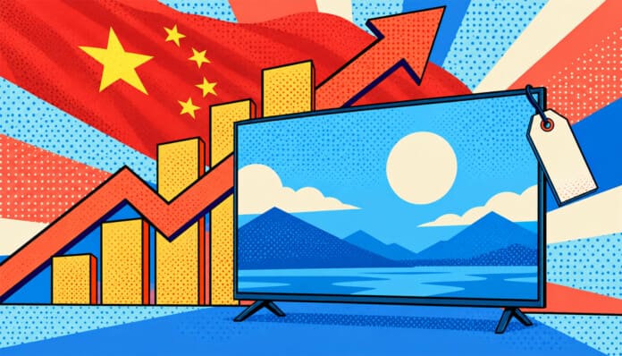 Illustration mit Fernseher, steigender Preiskurve und chinesischer Flagge als Symbol für höhere LCD-Panelpreise.