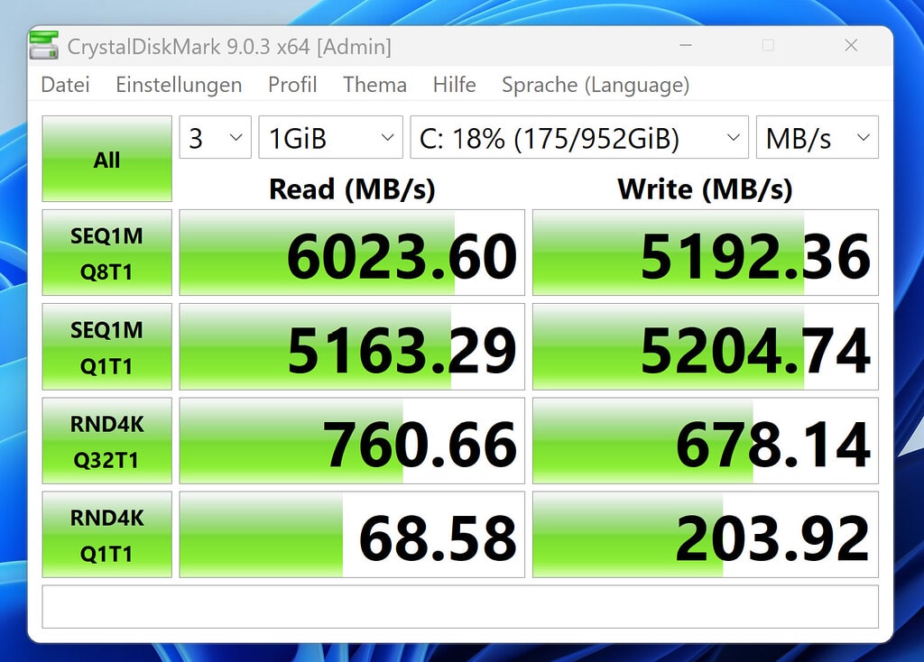 Über 6000 MB/s Leserate und 5100+ MB/s Schreibrate erreicht die verbaute NVMe-SSD des GEEKOM IT13 (2026).