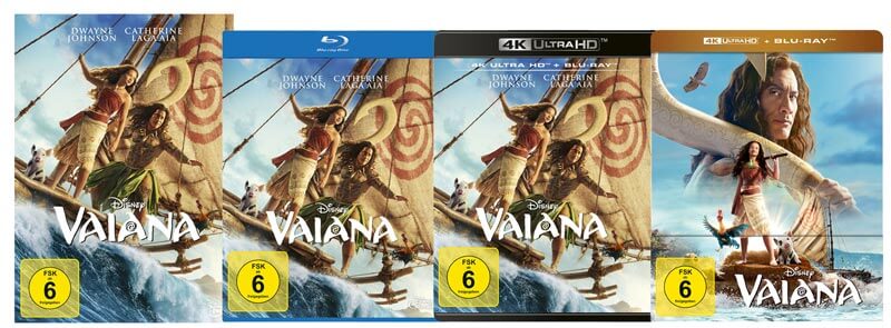 Die Disc-Editionen zu "Vaiana" (2026) von links: DVD, Blu-ray, 4K Standard, 4K Steelbook