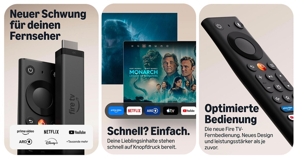 Features und Funktionen des neuen Amazon Fire TV Stick 2026. Die Fernbedienung sieht deutlich wertiger aus, als bei den Vorgängermodellen.