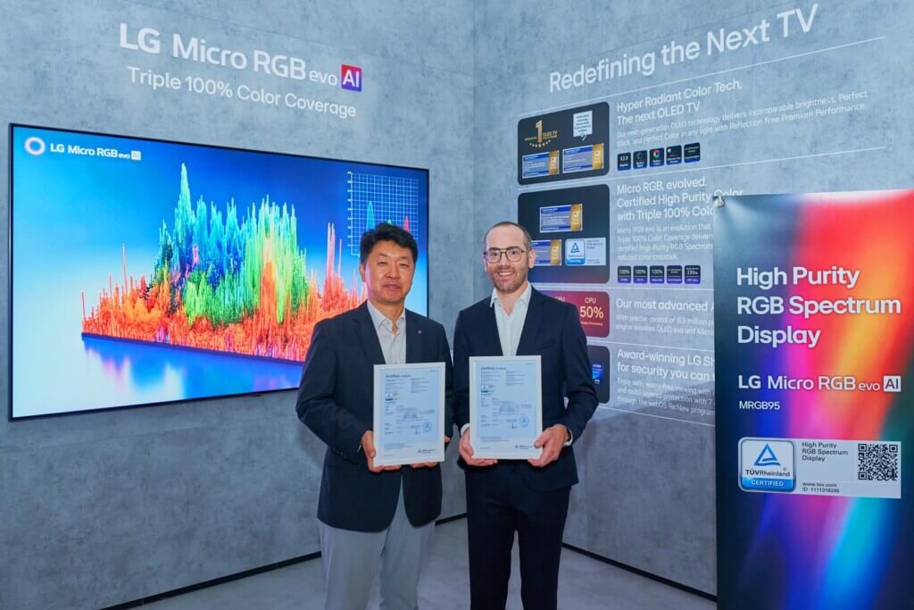 LG Electronics präsentiert auf der IFA 2026 stolz sein Zertifikat des TÜV Rheinlands für hohe Farbreinheit seiner Micro/Mini-RGB-TVs. 