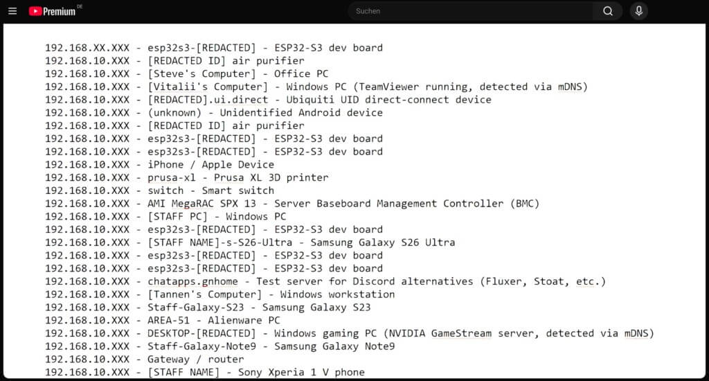 Daten, die der LG Smart TV bei der Untersuchung im lokalen Netzwerk erfasste. Dazu gehörten unter anderem IP-/MAC-Adressen, Modellbezeichnungen und Signalstärken.