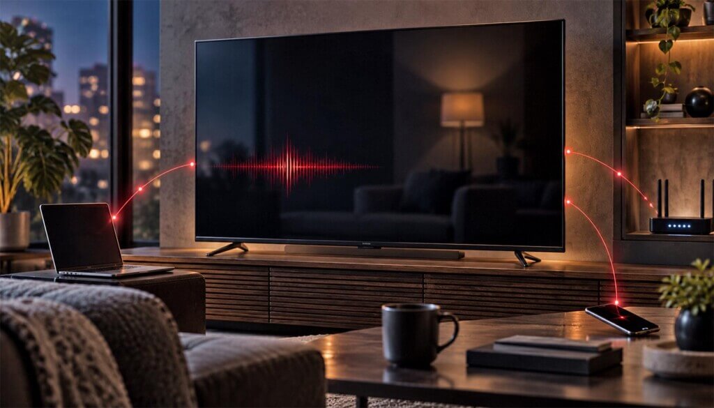 Großer Smart-TV in dunklem Wohnzimmer mit roter Audio-Wellenform und leuchtenden Verbindungen zu Laptop, Smartphone und Router als Symbol für Datenschutz- und Sicherheitsrisiken.