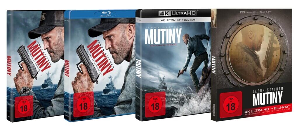 Die finalen Cover-Artworks zu "Mutiny". Von links: DVD, Blu-ray, 4K UHD Standard, 4K Steelbook.