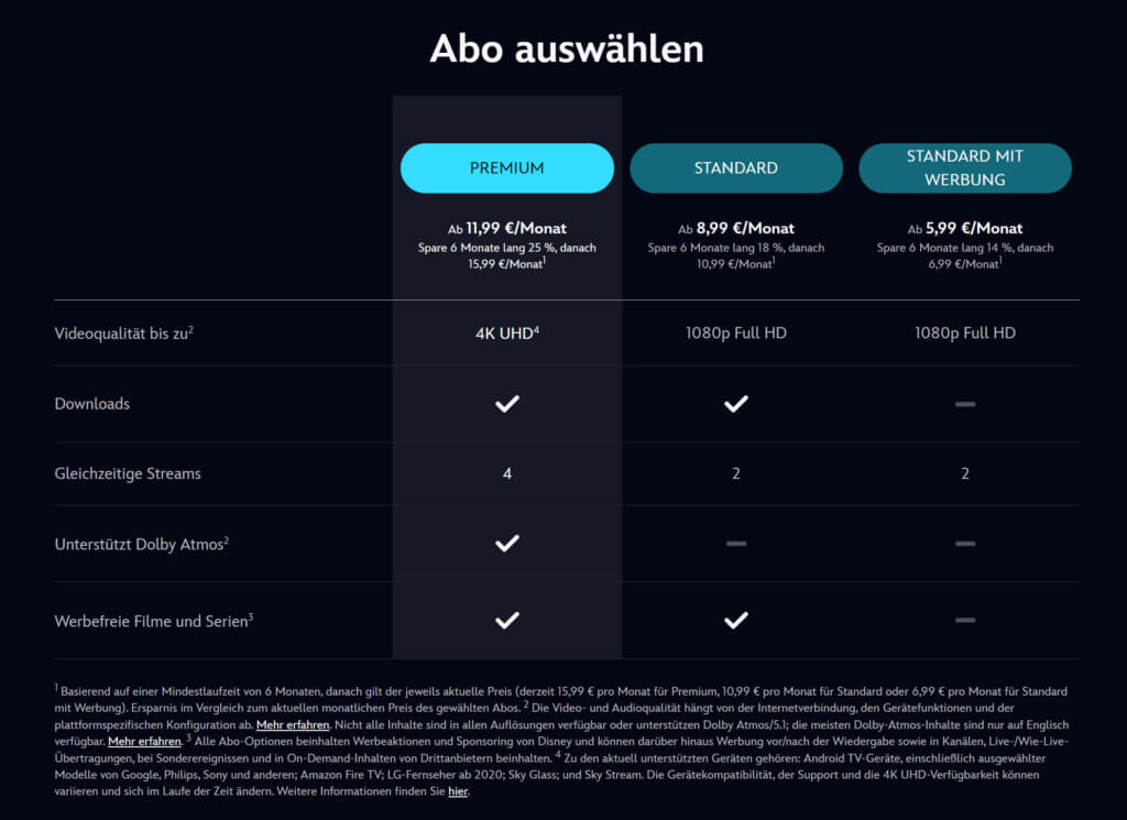 Auf der offiziellen Disney+-Webseite wird das Premium- und Standard Abo noch mit "Werbefreie Filme und Serien" als Feature aufgelistet, die Fußnote liefert Disney+ dagegen Spielraum bei dieser Aussage.