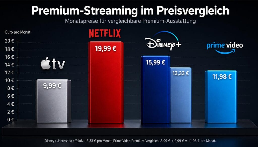 Premium-Abos (Videostreaming) im Preisvergleich: Apple TV ist teils deutlich günstiger als Netflix, Disney+ oder Prime Video.