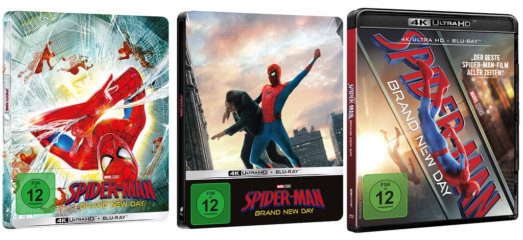 Das sind die 4K Blu-ray-Editionen zu "Spider-Man: Brand New Day" die in Deutschland erscheinen (von links: 4K Steelbook, Plaion-exklusives 4K Steelbook, 4K Standard)