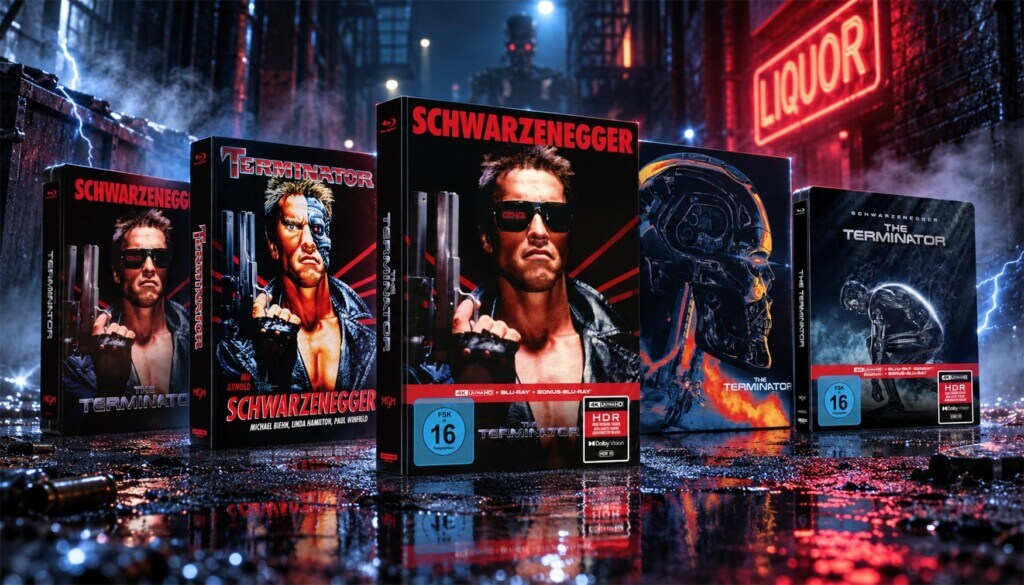 Mehrere 4K- und Blu-ray-Editionen von „The Terminator“ stehen in einer dunklen, regennassen Gasse mit Neonlicht und Spiegelung in einer Pfütze.