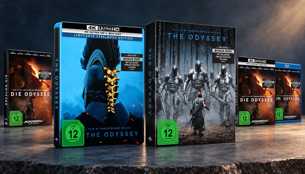 Blaues 4K-Steelbook und Collector’s Edition von „Die Odyssee“ neben den Standardausgaben.