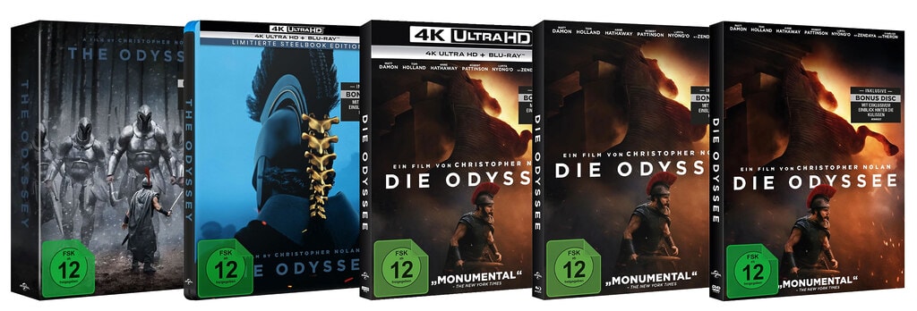 "Die Odyssee" Heimkino-Discs (von links): 4K Collectors Edition, 4K Steelbook, 4K Standard, HD Blu-ray, DVD