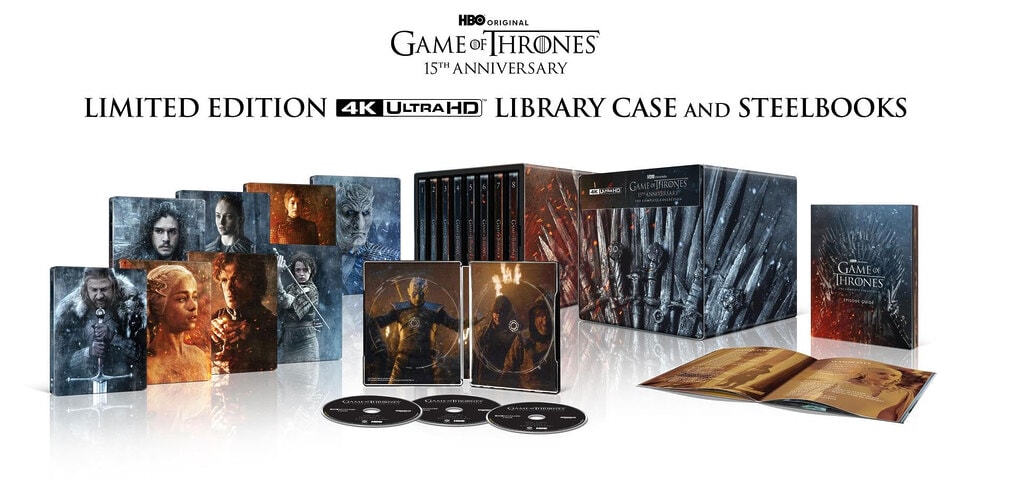Die Detailansicht der Game of Thrones Complete Collection zum 15-jährigen Jubliäum. (Library Case mit 8 Steelbooks)