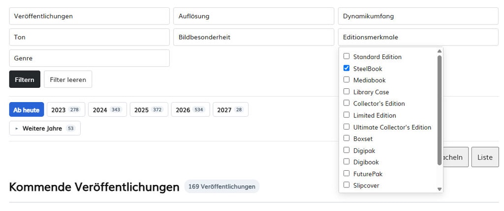 Über die Filtermöglichkeiten könnt ihr z.B. ganz einfach alle 4K Blu-rays herausfiltern, die als Steelbook veröffentlicht werden.