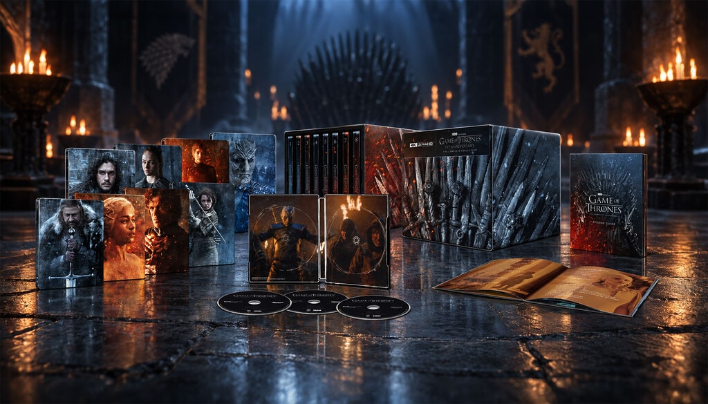 Die Game of Thrones 15th Anniversary Complete Collection im schicken Library-Case mit acht 4K Steelbooks und insgesamt 33 Discs.
