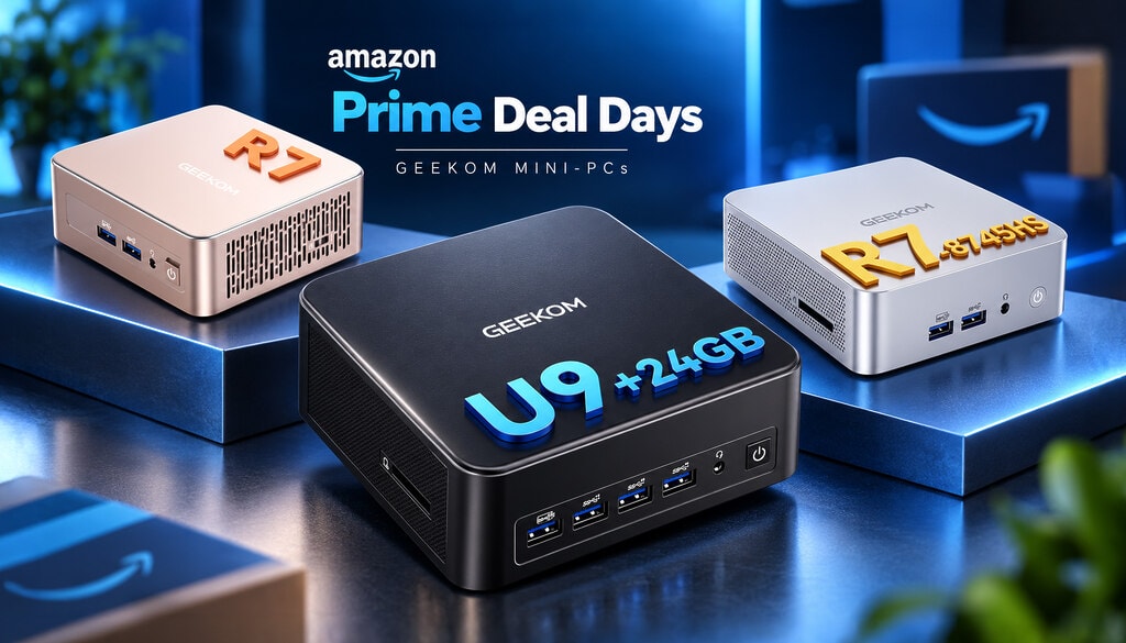 GEEKOM Mini-PCs im Amazon Prime Deal Days Beitragsbild mit Modellen auf blauem Hintergrund, darunter U9 mit 24 GB sowie zwei Ryzen-7-Varianten.