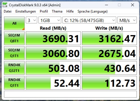 Lese- und Schreibgeschwindigkeit der verbauten SSD im Geekom A5 Mini-PC (2027-Edition)