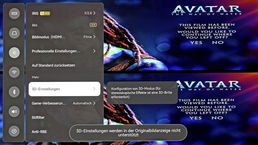 Wenn MEMC beim XGIMI Titan Noir Ultra Max auf "Original-Bild" steht, können keine 3D-Inhalte wiedergegeben werden. Ein Hinweis auf die Inkompatibilität der beiden Einstellungen fehlt derzeit im Menü
