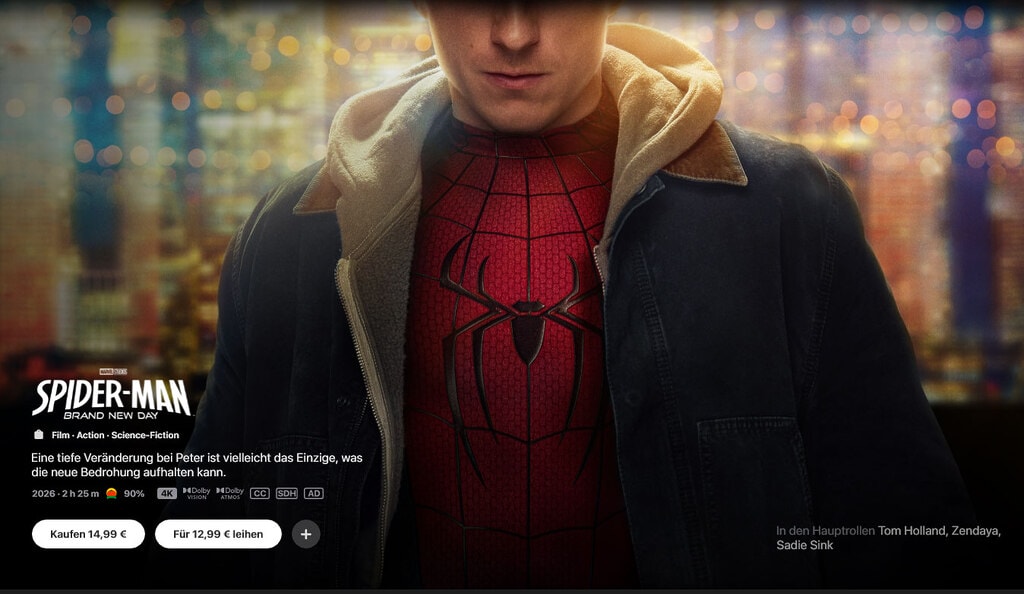 Digital kostet "Spider-Man: Brand New Day" nur noch 14.99 Euro in 4K-Qualität. Auf die 4K Blu-ray muss man sich übrigens noch bis zum 17. Dezember 2026 gedulden. 